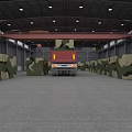 Warehouse Interior With Camouflage Truck And Red Crane Among Camouflage Walls