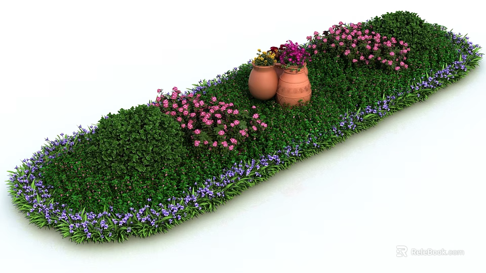 Lush Green Shrub Garden with Pink Purple Flowers and Clay Pots 3d model 