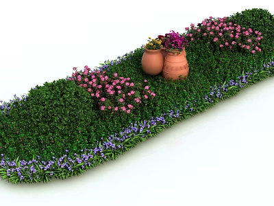 Lush Green Shrub Garden with Pink Purple Flowers and Clay Pots 3d model