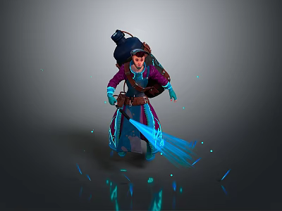 Fantasy Game Mage Character In Purple Blue Outfit With Hat Backpack And Blue Magical Effects 3d model