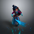Fantasy Game Mage Character In Purple Blue Outfit With Hat Backpack And Blue Magical Effects