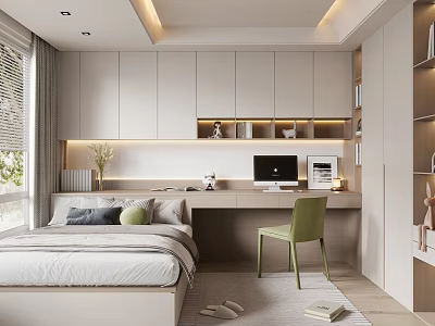 Tatami Bedroom Interior with Tatami Bed Desk Green Chair Built-in Cabinets Window and Rug 3d model