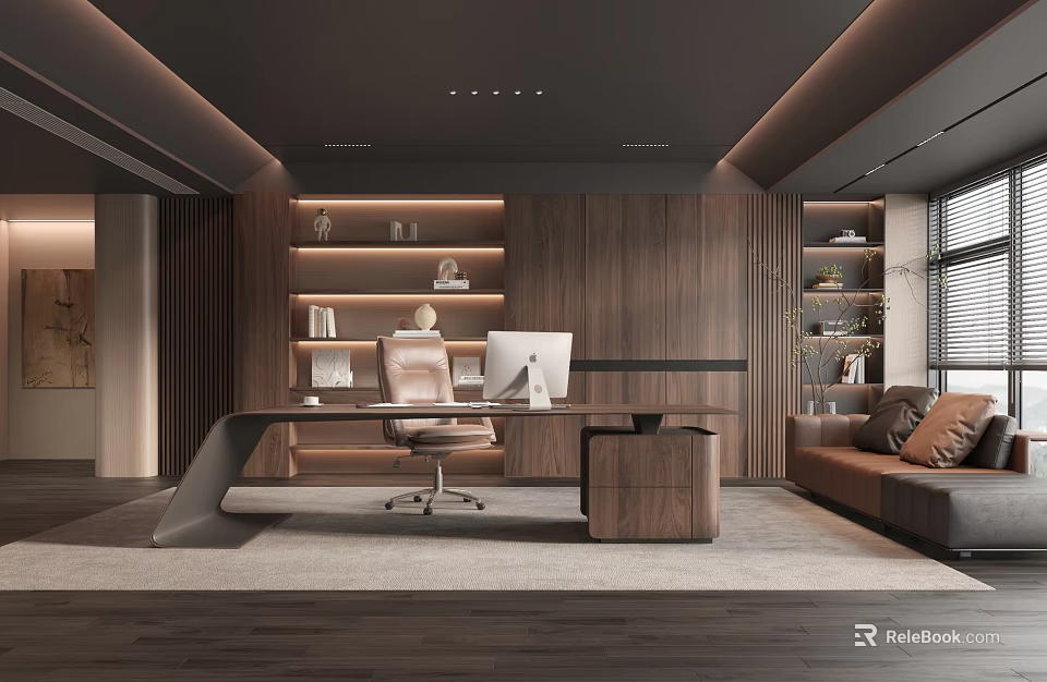 Modern Study Room Interior With Wooden Bookshelves Desk Office Chair And Sofa 3d model 