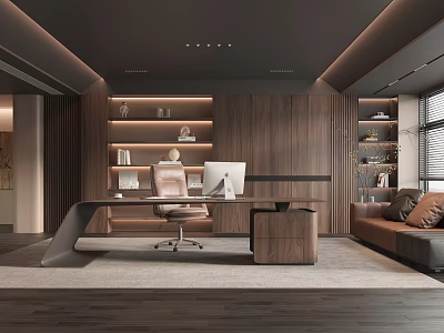 Modern Study Room Interior With Wooden Bookshelves Desk Office Chair And Sofa 3d model