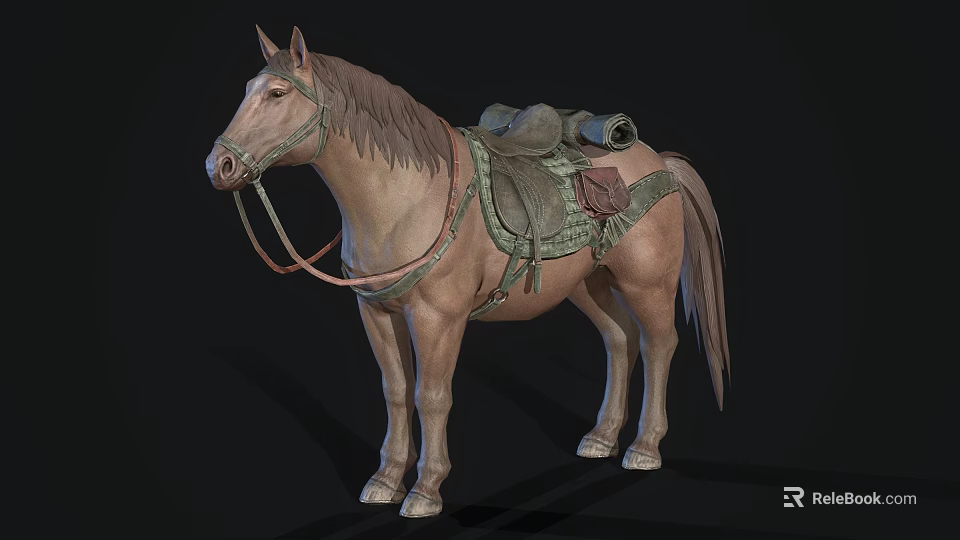 Light Brown Horse With Saddle And Travel Bags Standing Against Dark Backdrop 3d model 