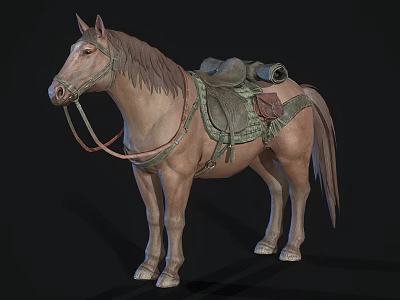 Light Brown Horse With Saddle And Travel Bags Standing Against Dark Backdrop 3d model