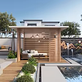 Modern Villa Courtyard Garden Landscape With Water Pool Outdoor Dining Wooden Pavilion and Green Plants