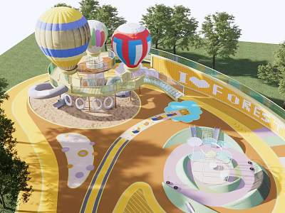 Vibrant Children's Play Area With Hot Air Balloons Slide Sandpit Colorful Tracks And Forest Theme 3d model