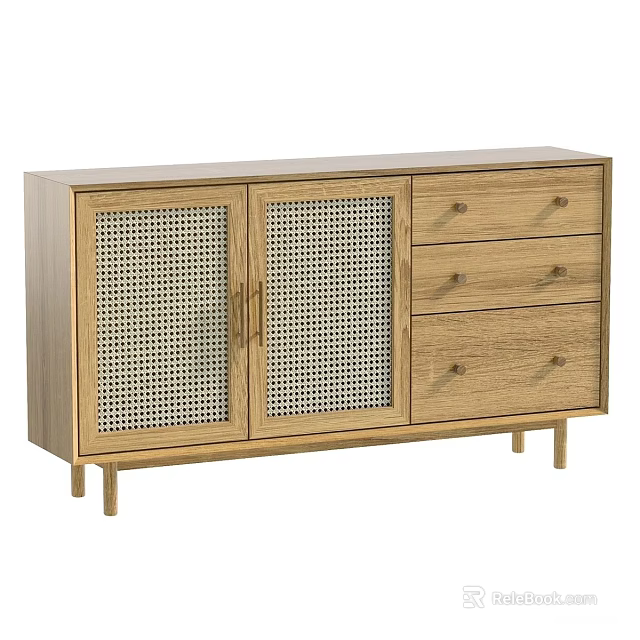 Wooden Sideboard With Woven Rattan Doors And Three Drawers Minimalist Design 3d model 