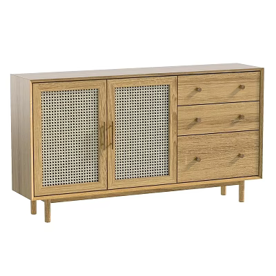 Wooden Sideboard With Woven Rattan Doors And Three Drawers Minimalist Design 3d model
