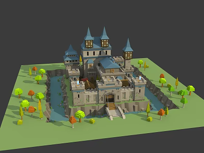 Ancient Castle with Pointed Blue Roof Towers Surrounding River Trees and Stone Structure 3d model