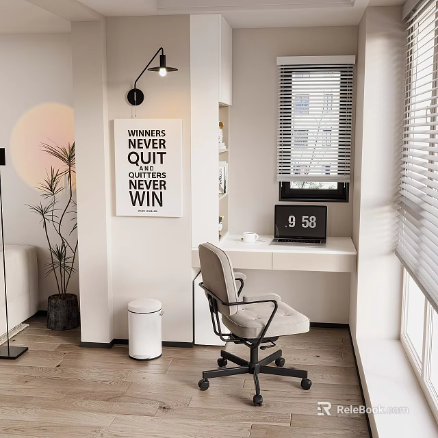 Cozy Home Balcony Workspace With Desk Chair Motivational Poster Green Plant Blinds And Clock 3d model 