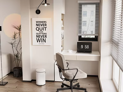 Cozy Home Balcony Workspace With Desk Chair Motivational Poster Green Plant Blinds And Clock 3d model