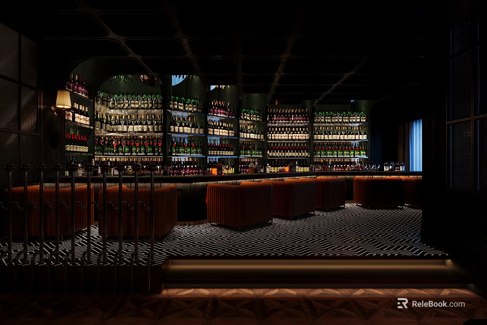 Modern Bar Interior Design Featuring Tall Wine Racks And Curved Bar Counter Lighting 3d model 