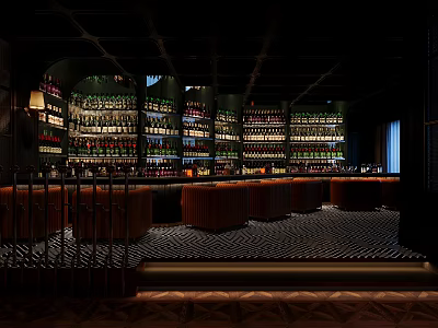 Modern Bar Interior Design Featuring Tall Wine Racks And Curved Bar Counter Lighting 3d model