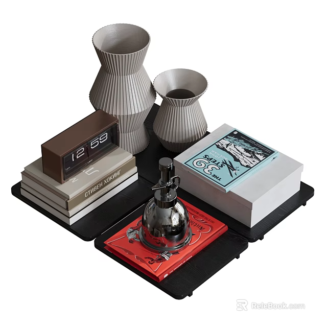 Decorative Ornament Set With Ceramic Vases Stacked Books Retro Clock Metal Perfume Bottle And Tray 3d model 