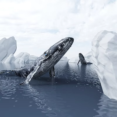 Majestic Humpback Whale Gracefully Swimming In Clear Ocean Water Near Large Icebergs 3d model
