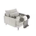 Modern Beige Fabric Single Sofa With Round Pillows Fringed Throw Blanket And Black Metal Legs