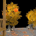 Traditional Pavilion with Red Lanterns Yellow Ginkgo Trees Autumn Leaves Stone Path Umbrella Rabbit Decoration