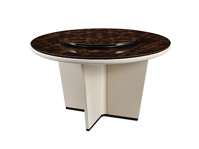 Modern Round Dining Table With Dark Wooden Top Turntable And White Legs 3d model
