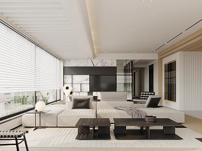 Modern Living Room Interior With Large Windows Blinds White Sofa Coffee Tables And TV Wall 3d model