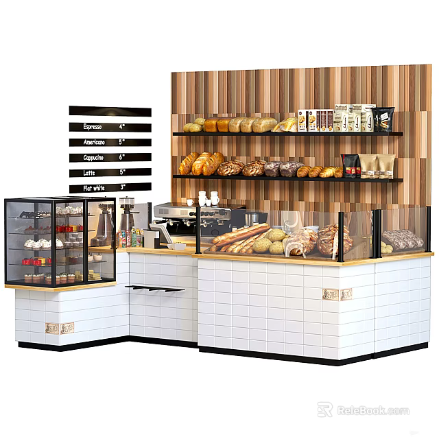 Stylish Bakery Bar Counter Featuring Bread Desserts Coffee Machine And Wooden Shelves 3d model 