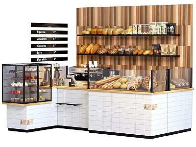 Stylish Bakery Bar Counter Featuring Bread Desserts Coffee Machine And Wooden Shelves 3d model