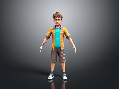 3D Boy Character Model Wearing Striped Orange Shirt Blue T-shirt Brown Shorts with Colorful Patches 3d model