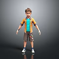 3D Boy Character Model Wearing Striped Orange Shirt Blue T-shirt Brown Shorts with Colorful Patches