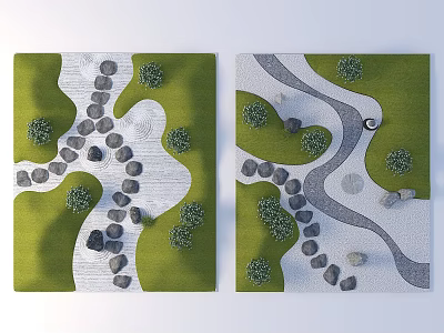 Karesansui Dry Landscape Garden Design Featuring Arranged Stones Stone Paths And Small Plants 3d model