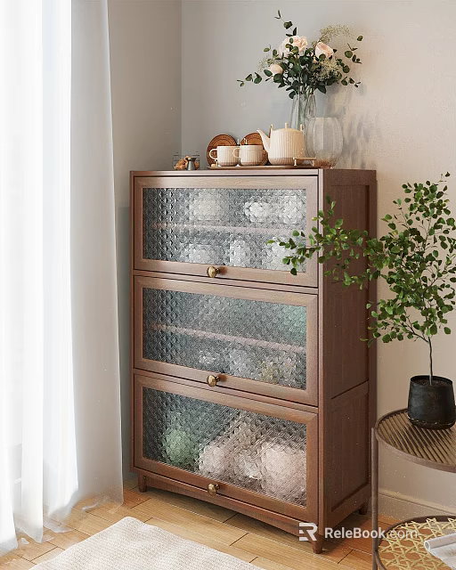 Modern Wooden Decorative Cabinet With Textured Glass And Top Decorations 3d model 