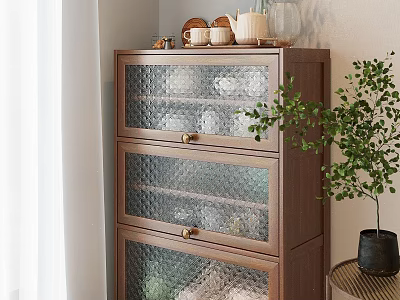 Modern Wooden Decorative Cabinet With Textured Glass And Top Decorations 3d model