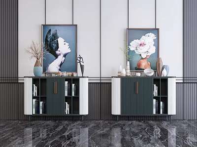 Elegant Modern Console Side Cabinet Interior With Decorative Vases Sculptures And Artwork 3d model
