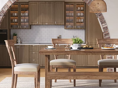 Rustic Wooden Dining Table Set With Chairs Bench Kitchen Cabinets Arch And Hanging Lamp 3d model
