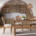 Rustic Wooden Dining Table Set With Chairs Bench Kitchen Cabinets Arch And Hanging Lamp