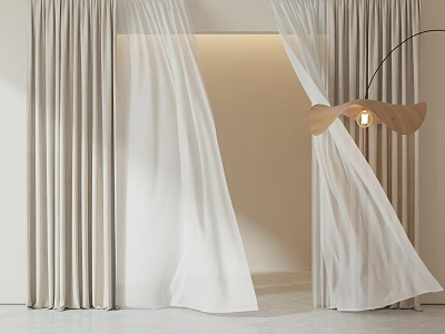 Beige Thick And White Sheer Curtains For Modern Interior Floor Length Design 3d model