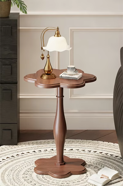 Elegant Wooden Side Table With Petal Shaped Top Gold Lamp Books And Small Cup 3d model
