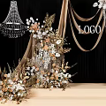 Elegant Wedding Stage Setup With Decorative Flowers Chandeliers And Beige Drapes 3d model