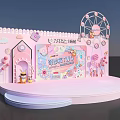 Pink Themed Stage with Ferris Wheel Cartoon Elements and Lollipop Decorations 3d model