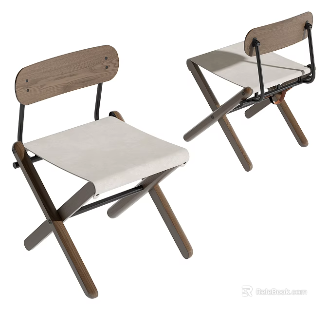 Modern Minimalist Folding Single Chair With Wooden Frame And Beige Fabric Seat 3d model 