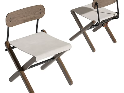 Modern Minimalist Folding Single Chair With Wooden Frame And Beige Fabric Seat 3d model
