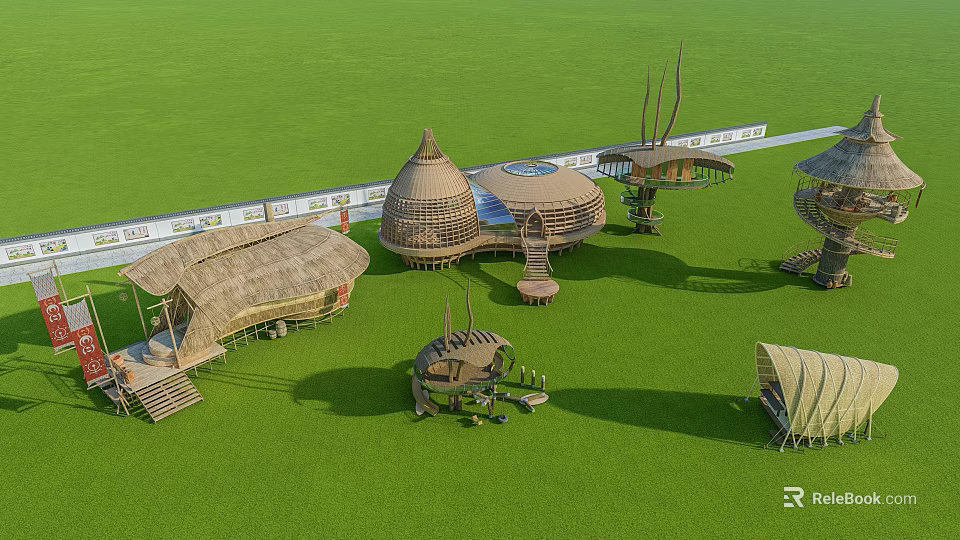 Unique Garden Structures On Lush Green Grass With Thatch Roofs Circular Designs And Spiral Stairs 3d model 