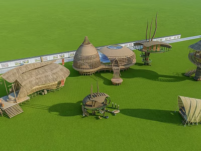 Unique Garden Structures On Lush Green Grass With Thatch Roofs Circular Designs And Spiral Stairs 3d model