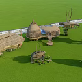 Unique Garden Structures On Lush Green Grass With Thatch Roofs Circular Designs And Spiral Stairs
