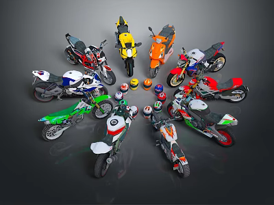 Colorful Motorcycles in Various Styles Surrounding Racing Helmets in Center 3d model Colorful Motorcycles in Various Styles Surrounding Racing Helmets in Center 3d model