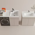 White Laundry Room Cabinet Setup With Washing Machine Double Sinks And Small Plant