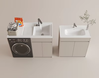 White Laundry Room Cabinet Setup With Washing Machine Double Sinks And Small Plant 3d model