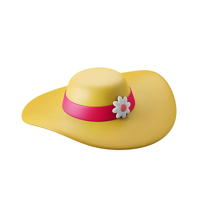 Stylish Yellow Wide Brim Hat With Pink Ribbon And White Daisy Decoration 3d model