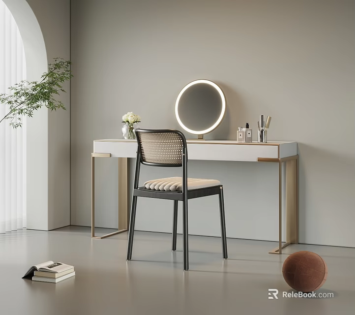 Modern Dressing Table with Round Mirror Woven Chair and Cosmetic Items in Minimalist Interior 3d model 