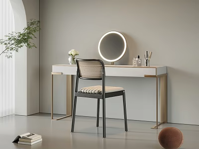 Modern Dressing Table with Round Mirror Woven Chair and Cosmetic Items in Minimalist Interior 3d model